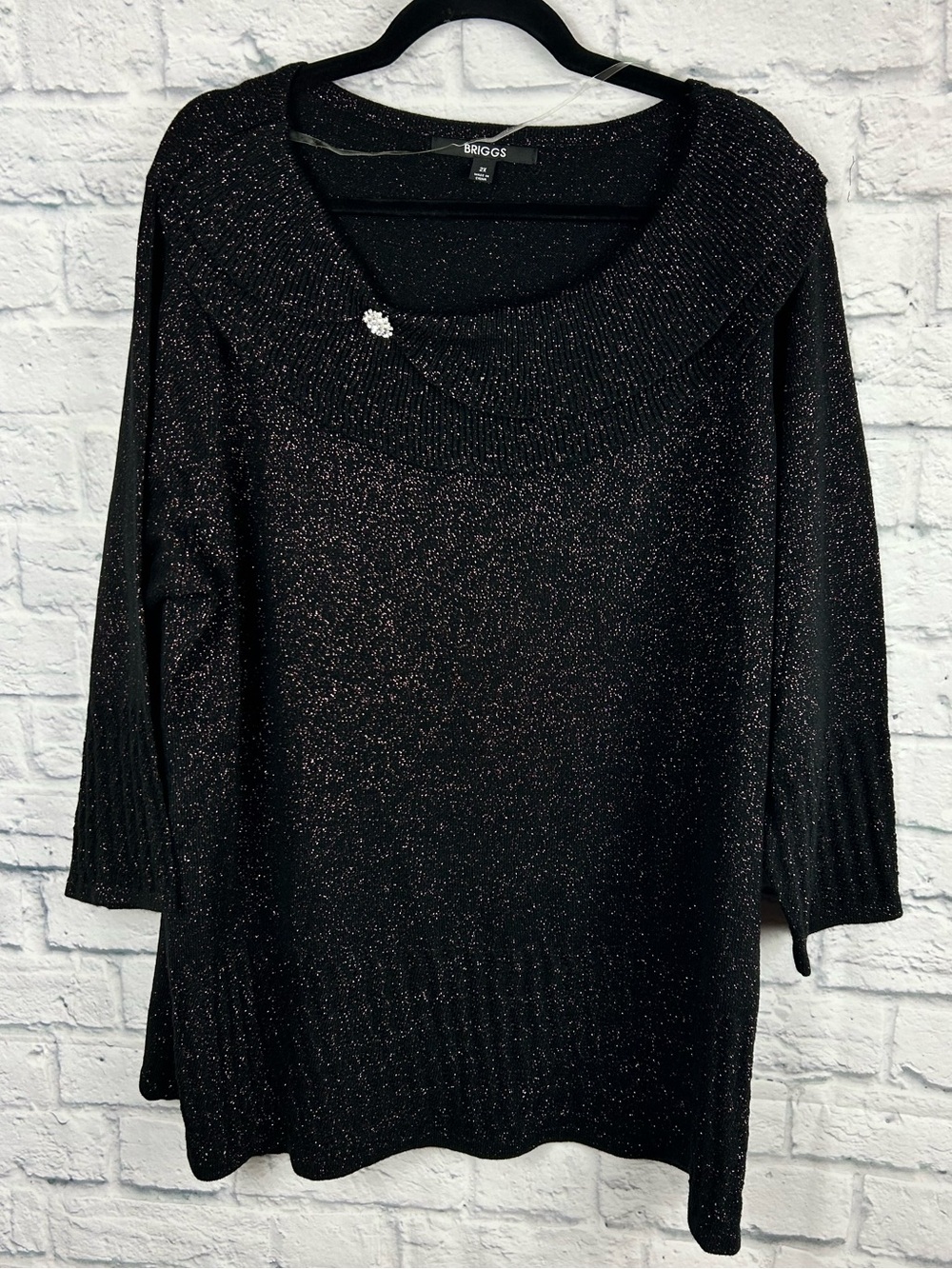 Briggs 2X Black Metallic Knit Sweater Rhinestone Brooch Drape Neck Plus Size